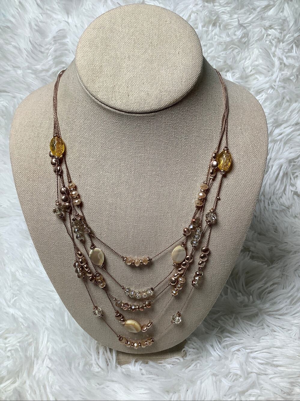 Ann Taylor Rose Gold Tone Multi Strand Crystal Beaded Statement Necklace A5-29
